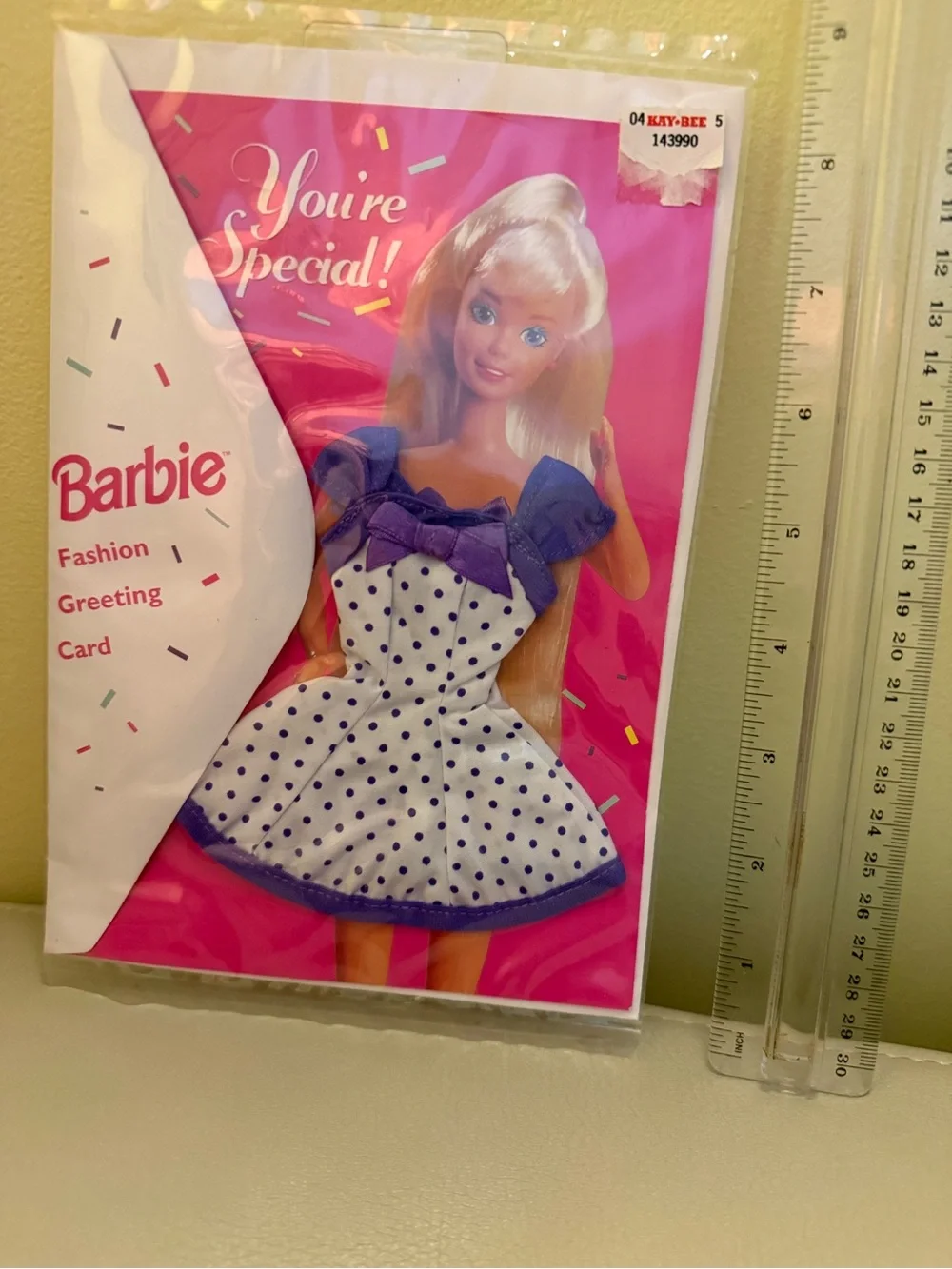 Barbie Pink Card with White Polka Dot Dress and Purple Trim